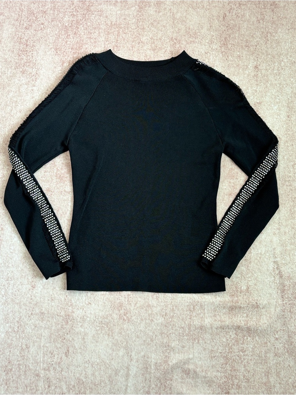 Size Large Black Long-Sleeve Top with Elegant Rhinestone Sleeve Detail